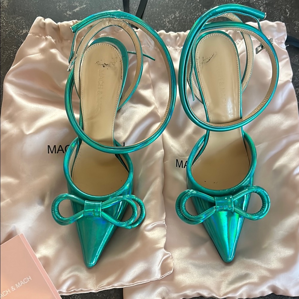 MACH & MACH Metallic Teal Pointed Toe Bow Ankle Strap Heels